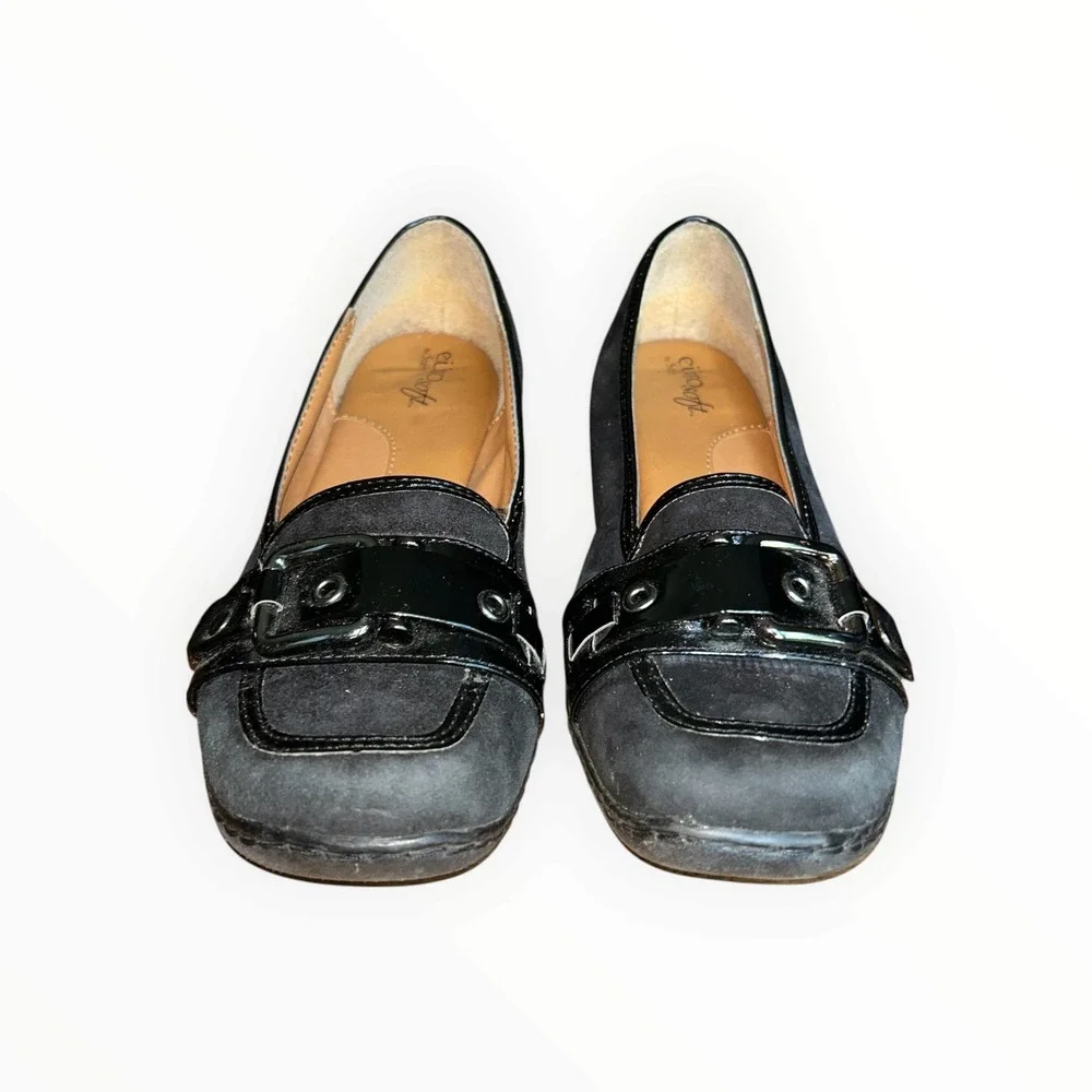 EuroSoft by Sofft Womens Black Suede Patent Wedge Loafers Buckle Square Toe 8